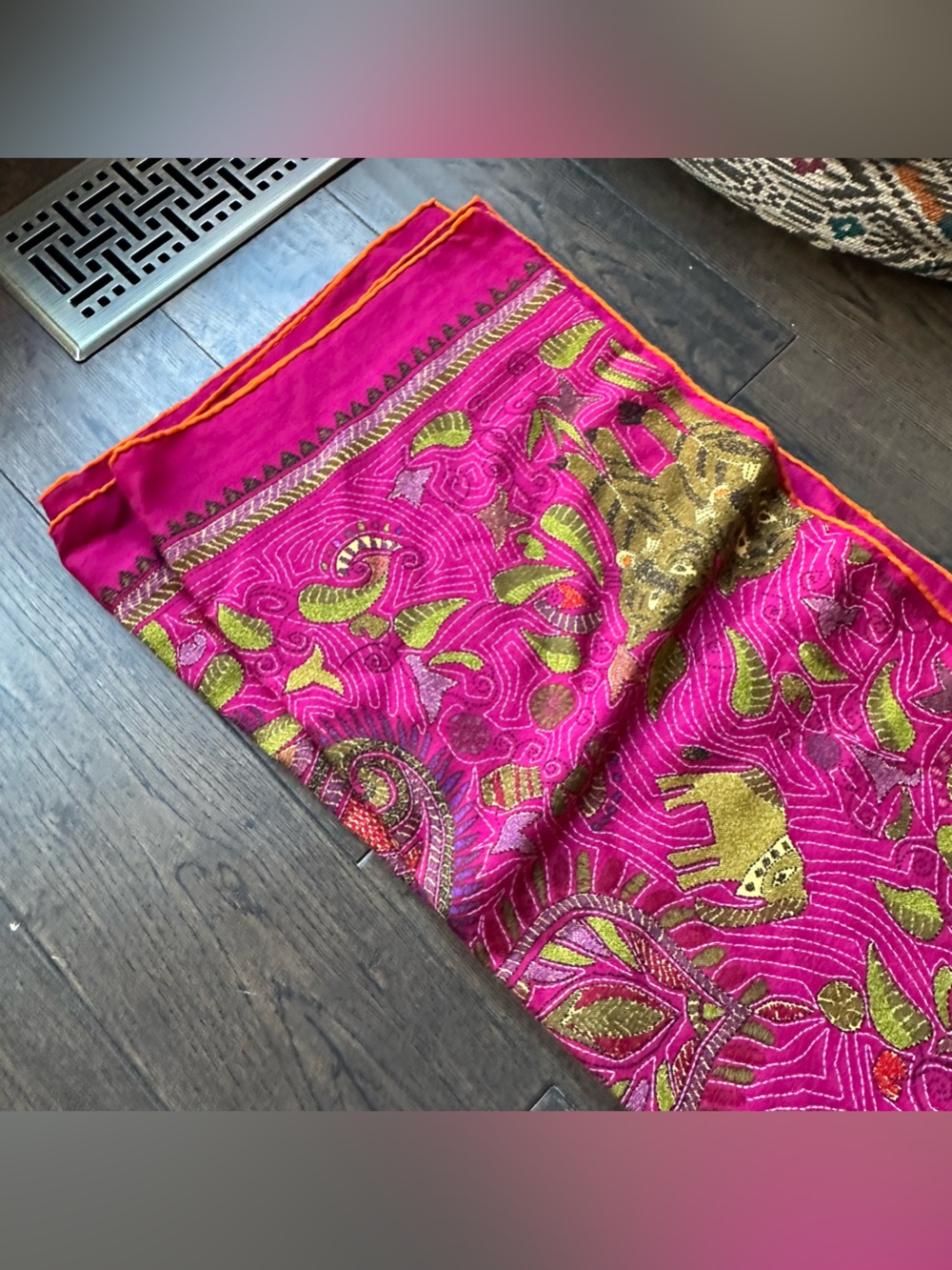 Hermes ‘Carre Kantha’ magenta silk embroidery print cashmere and silk scarf